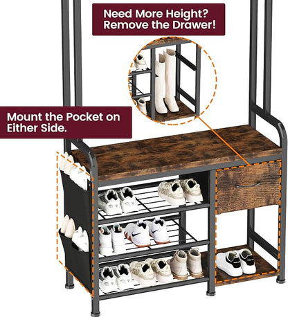 Homeiju Hall Tree with Bench and Shoe Storage, 3-in-1 Entryway Organizer with 6+2 Hooks, Coat Rack with Adjustable Feet for Stability, Mudroom Furniture with Storage Shelf