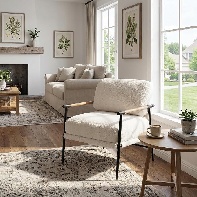 DUOMAY Mid-Century Modern Accent Chair, Comfy Sherpa Sofa Lounge Chair Reading Corner Chair for Living Room Bedroom Office, Mid-Back Arm Chair with Black Metal Leg, White