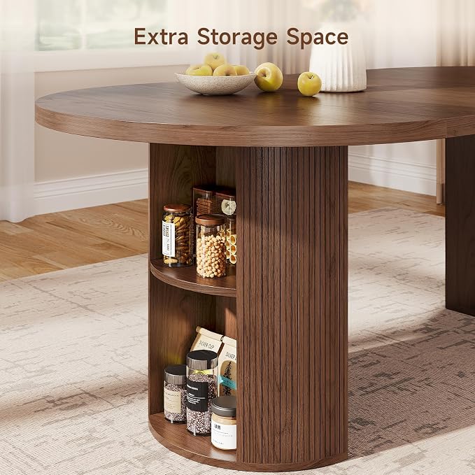 ONBRILL 41-78 Inch Extendable Dining Table for 4-8, Fluted Expandable Kitchen Table with Storage, 2 Leaf, Mid Century Modern Oval Dinner Tables for Dining Room, Kitchen, Living Room, Walnut