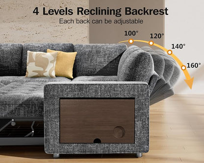 Vipbear 8 Seat U Shaped Modular Sectional Sleeper Sofa with Pull Out Bed/Reclining Backrest/USB Ports/Table/LED Light/Storage Seat, Sectional Sleeper Couch, Tool-Free Assembly, Chenille Dark Grey
