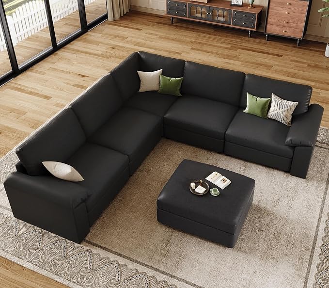 EASE MOOSE Oversized Modular Sectional Couch with Ottoman, Vintage Faux Leather Sectional Sofa with Deep Seat, Scratch Resistant Faux Leather Material, Extra Large L Shaped Couch,Deep Black