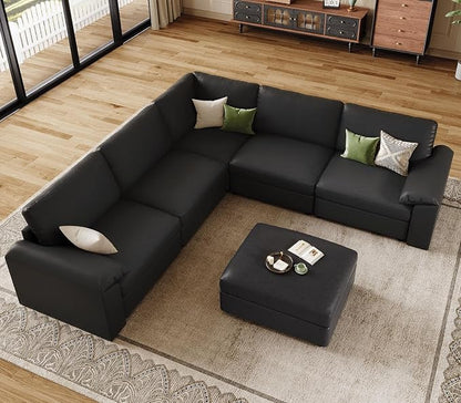 EASE MOOSE Oversized Modular Sectional Couch with Ottoman, Vintage Faux Leather Sectional Sofa with Deep Seat, Scratch Resistant Faux Leather Material, Extra Large L Shaped Couch,Deep Black