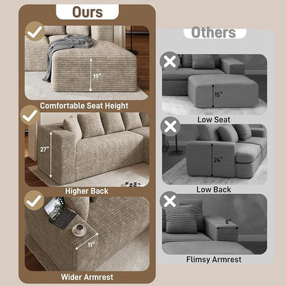 Oversized L Shaped Boneless Sectional Couches for Living Room, 107" Comfy Fluffy Cloud Modular Sectional Sofa, Plush Corduroy Memory Foam Floor Sofa with Right Facing Chaise Couch