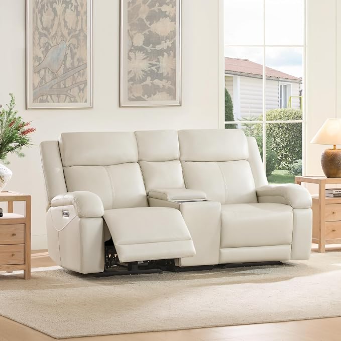 Watson & Whitely Power Reclining Sofa and Loveseat Sets, Genuine Leather Sofa Recliner Couch Set with Power Headrest, Storage Console, USB Ports, Cup Holders, Living Room Furniture Set, Cream