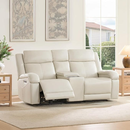 Watson & Whitely Power Reclining Sofa and Loveseat Sets, Genuine Leather Sofa Recliner Couch Set with Power Headrest, Storage Console, USB Ports, Cup Holders, Living Room Furniture Set, Cream