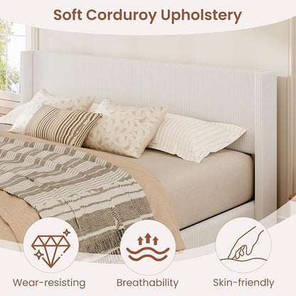 Garvee King Lift Up Storage Bed Frame, Corduroy Upholstered Platform Bed with Gas Lift, Padded Headboard, Wooden Slat Support, No Box Spring Needed, Easy Assembly, White