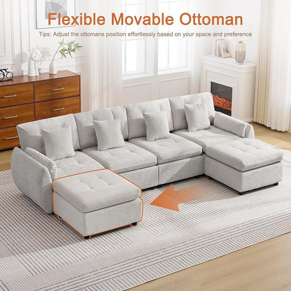 112" U Shaped Modular Sectional Cloud Sofa with 2 Ottomans, Oversized Deep Seat Tufted Chenille 6-Seater Couch with Curved Arms, Upholstered Sofas for Living Room, Light Grey