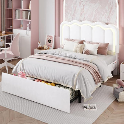 SHA CERLIN Upholstered Queen Size Bed Frame with LED Lights and Large Storage Drawer, Velvet Platform Bed with Adjustable Wavy Headboard, Noise Free, Easy Assembly, No Box Spring Needed, Soft White