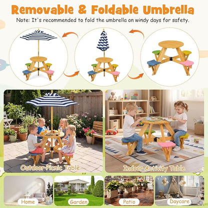 Costzon Kids Picnic Table, 4-Person Wooden Toddler Outdoor Table & Stool Set with Adjustable Umbrella, Wooden Kids Outdoor Furniture for Patio Backyard Lawn Garden