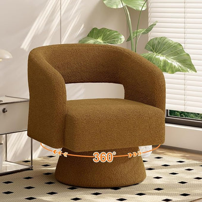 Luxanimarion Swivel Barrel Accent Chair,Oversized Teddy Upholstered Round Swivel Chair,Modern Luxury 360 Degree Living Room Vanity Chair for Bedroom Office,Brown,1PCS