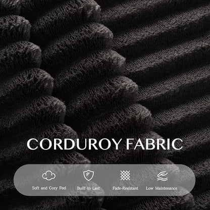 80'' Futon Sofa Bed, King Size Foldable Sleeper Sofa, Corduroy Boneless Loveseat Couch with Chaise Lounge, 3 Pillows, Blanket, Upholstered Sectional Couches for Living Room, Bedroom, Black