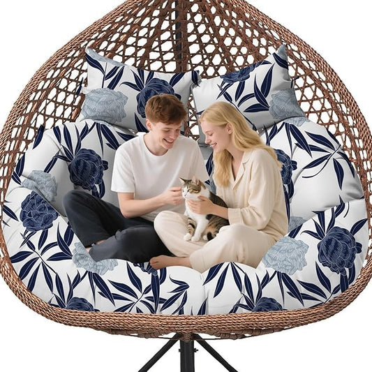 Double Egg Chair Cushion Replacement Waterproof for Outdoor Patio Hanging Basket Egg Chairs, 59x43-Inch Thickened 100% Cotton Large Double Eggs Swing Chair Cushions, Blue Enchantress