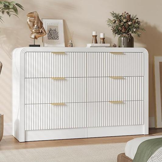 Decofy Fluted Drawers Dresser for Bedroom, Wood Dressers with Gold Handles, Modern Dressers with Wave Texture, Large Storage Chest of Drawers, Bedroom Dresser Organizer 47'' & 6 Drawers (Pure White)