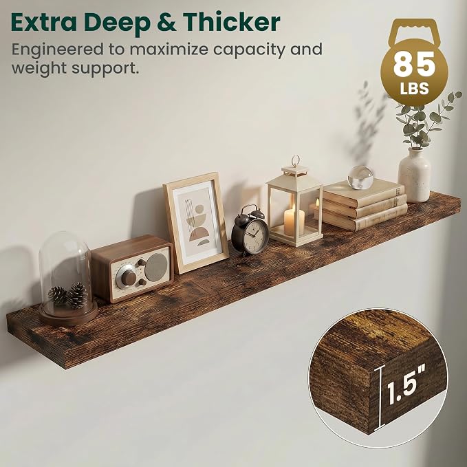 Floating Shelves for Wall 72 in x 9.3 in Deep, Wall Mounted Rustic Wood Shelf with Invisible Brackets for Storage & Display, Living Room Bedroom Bathroom, Brown, 1 Pack