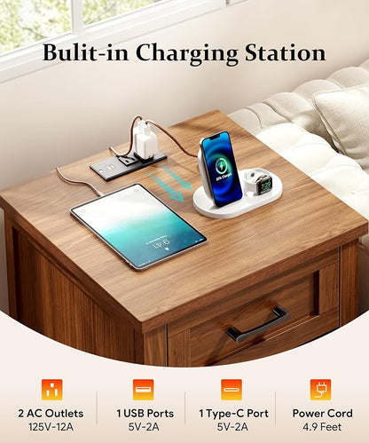 Decofy Farmhouse Nightstand with Charging Station & Large Storage, Set of 2 Modern End Tables with Outlets, USB Ports and Type-C Ports, Easy Assembly for Bedroom (Walnut)