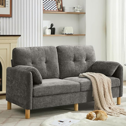 WUTUTUEE 65" Chenille Modern Loveseat Sofa, Upholstered 2-Seater Love Seat Couch with Armrest Pillows, Storage Pockets, Easy Assembly, Tufted Loveseat Couches for Living Room Bedroom, Light Grey