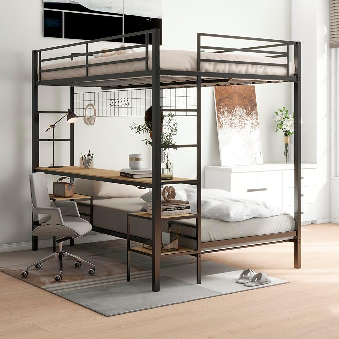 Bellemave Full Over Twin bunk Bed with Desk, loft Bed with Desk and Shelves, Full Over Twin Metal Bunk Beds with Charging Station, Black & Nature Oak