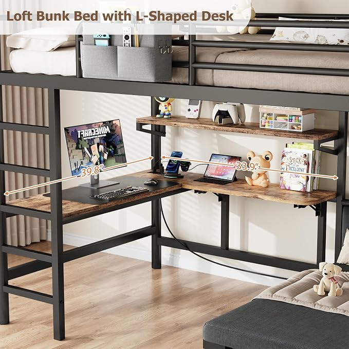 Jocoevol Twin Loft Bed with Mattress, Dual-Access Bed, Pull-Out Folding Bed & L-Shaped Desk, Heavy Duty Metal Bunk Bed Frame with Safety Guardrails, Charging Station & Adjustable Shelves (Dark Black)