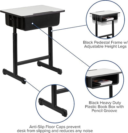 Flash Furniture Billie Open Front Student Desk for Classrooms or Remote Learning, Height Adjust School Desk with Book Box and Bag Hooks, Black/Gray