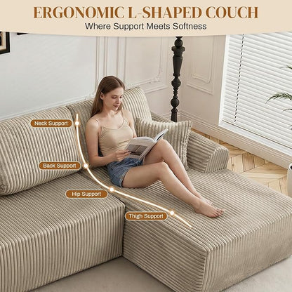 110" L Shaped Boneless Sectional Couches for Living Room, Comfy Corduroy Floor Cloud Sofa with Chaise, Wide Armrest, Deep Seat, Memory Foam, Assembly Free, Ideal for Small Spaces, Brown