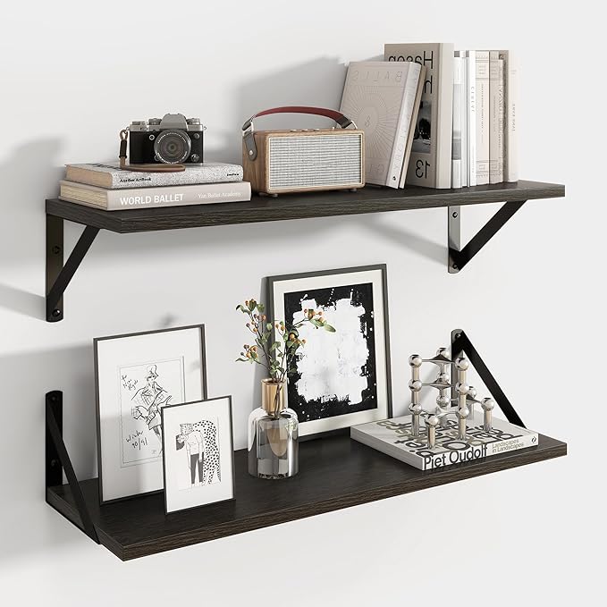 Axeman 24 Inch Floating Shelves | 8 Inch Deep Black Wall Shelves Set of 2 | 24''W x 8''D Rustic Black Wood Shelves for Bathroom Kitchen Living Room Bookshelf Home Office