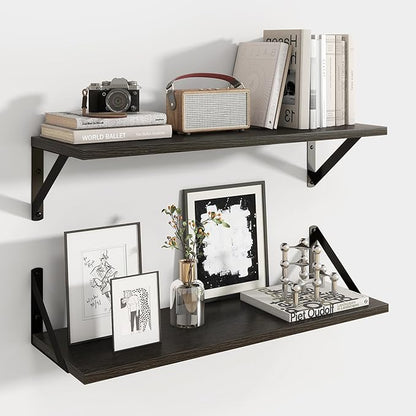 Axeman 24 Inch Floating Shelves | 8 Inch Deep Black Wall Shelves Set of 2 | 24''W x 8''D Rustic Black Wood Shelves for Bathroom Kitchen Living Room Bookshelf Home Office