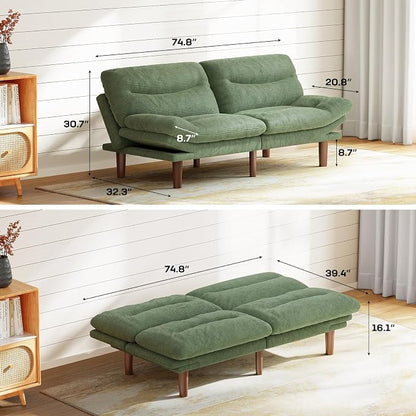 Marsail 75" Futon Sofa Bed, Futon Couch with Adjustable Backrest & Armrests, Convertible Sleeper Sofa Bed for Apartment, Living Room, Office, Corduroy Loveseat, Olive Green