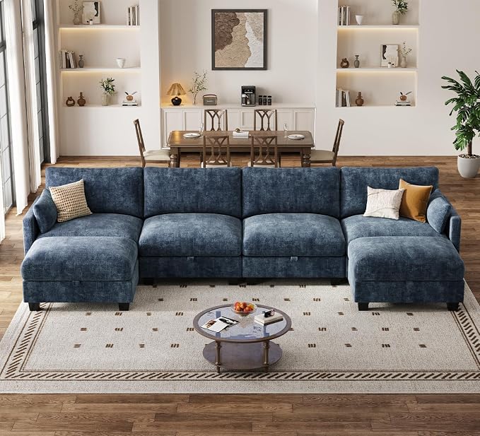 Modular Sectional U Shaped Sofa Couches for Living Room, Cloud Couch with Storage Ottoman, Comfy Chenille Sofa with Pillow, Blue