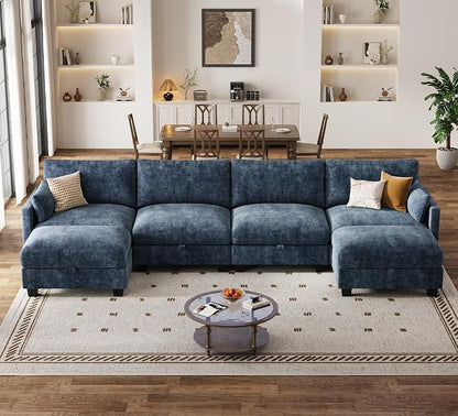 Modular Sectional U Shaped Sofa Couches for Living Room, Cloud Couch with Storage Ottoman, Comfy Chenille Sofa with Pillow, Blue