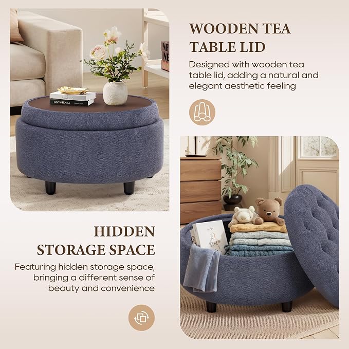 COLAMY Round Hidden Storage Ottoman with Reversible Tray Lid – Multi-Functional Footrest, Sturdy & Stylish Fabric Coffee Table for Living Room, Bedroom, or Entryway, Blue