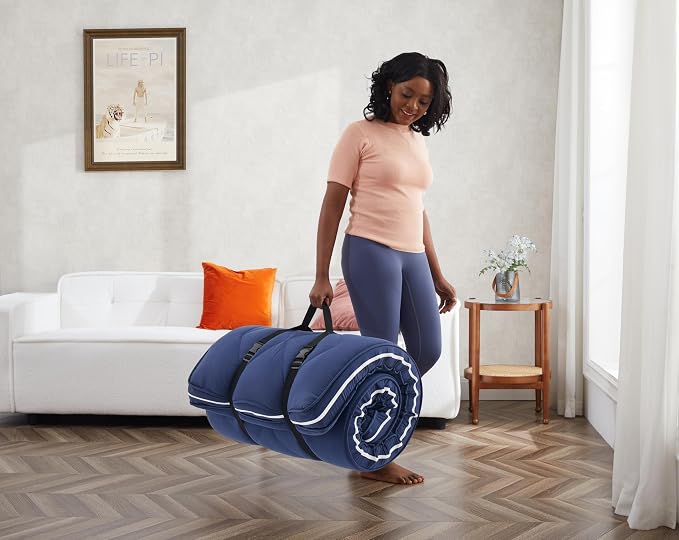 Jamdok 4Inch Floor Mattress,3 Layer Structure Cot Mattress Topper,Gel Memory Foam Futon Mattress,Removable Thickened Cover,Portable Roll Up Sleep Pad (Blue, 75X30)