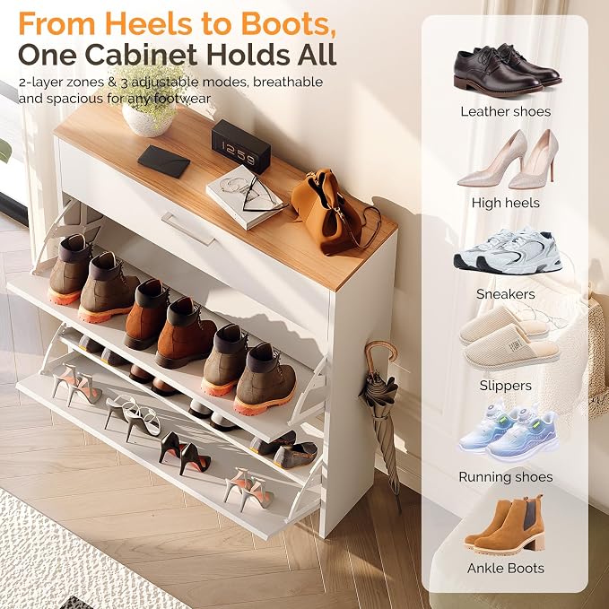 VINGLI Set of 2 Shoe Cabinet for Entryway, 2-Pack 31.5" W Extra Wide Slim Shoe Organizer with 2 Flip & 1 Drop-Down Drawers, Modern White Shoes Rack with Oak Top, Narrow Cabinet for Hallway