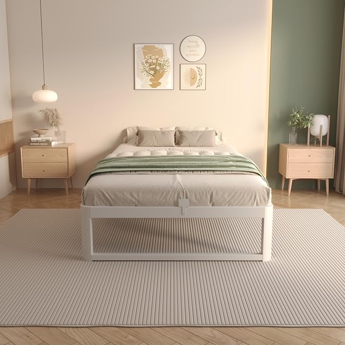 VYM 12 Inch Twin Bed Frame, Platform Bed Frames with Metal Gaskets, Anti-Slip Mattress Stopper, No Box Spring Needed, Heavy Duty Steel Slat Support, Round Corner Leg, Easy Assembly, White