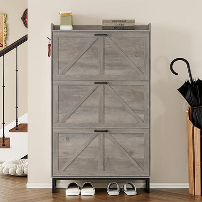 BORNOON Shoe Cabinet with 3 Flip Drawers Narrow Shoe Storage Cabinet Organizer Wooden Freestanding Shoe Rack Hidden Slim Shoes Storage Cabinet for Entryway, Hallway, Living Room, Bedroom