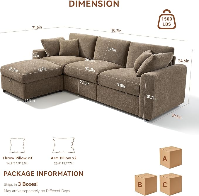 Ihanherry Cloud Sectional Couches for Living Room, 110" Large Modular Sectional Sofa with Wide Deep Seat, L Shaped Couch with Throw Pillow and Storage Ottoman, Brown