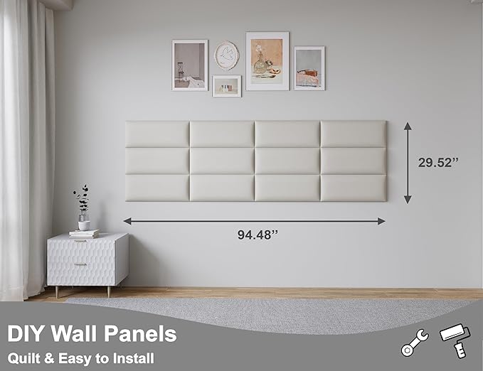 Peel and Stick Upholstered Wall Mounted Headboard King Size, 12 Panels 3D Soundproof Leather Headboard,Wall Mounted Headboards,Reusable and Removable Wall Panels, 10"x24" White