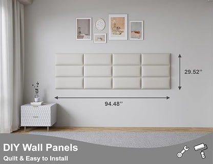 Peel and Stick Upholstered Wall Mounted Headboard King Size, 12 Panels 3D Soundproof Leather Headboard,Wall Mounted Headboards,Reusable and Removable Wall Panels, 10"x24" White