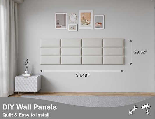 Peel and Stick Upholstered Wall Mounted Headboard King Size, 12 Panels 3D Soundproof Leather Headboard,Wall Mounted Headboards,Reusable and Removable Wall Panels, 10"x24" White