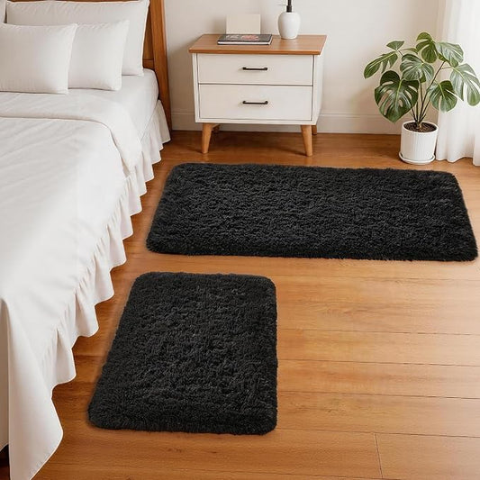 Ophanie Small Rug Washable Non Slip Throw Bedside Area Rugs, Fluffy Soft Mini Bedroom Carpet, 1.5x2.5 and 1.5x4 Rug Set, 2 Piece Black