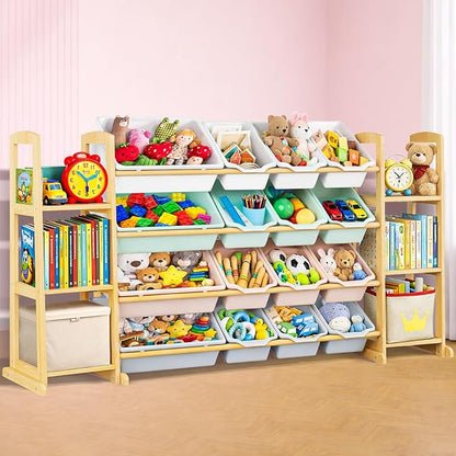 Kids Toy Storage Organizer with Bookshelf – Wooden Shelf with 16 Bins & 6 Shelves, Quick Assembly Storage Rack for Playroom, Bedroom, Nursery – Colorful