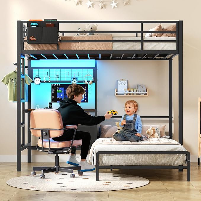 DICTAC Bunk Bed Twin Over Twin with Desk,Led Lights and Charging Station twin Bunk Beds with Storage Drawers and Shelves,Metal L-Shaped for kids with Safety Guardrail&Ladder,No Box Spring Needed,Black