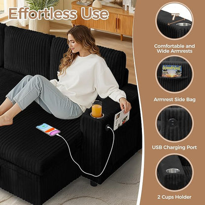 Modular Sectional Sleeper Sofa with Pull Out Bed, Plush Corduroy L Shaped Couch with Storage Chaise, USB Ports, Cup Holders, Comfy Cloud Couches for Living Room, Black