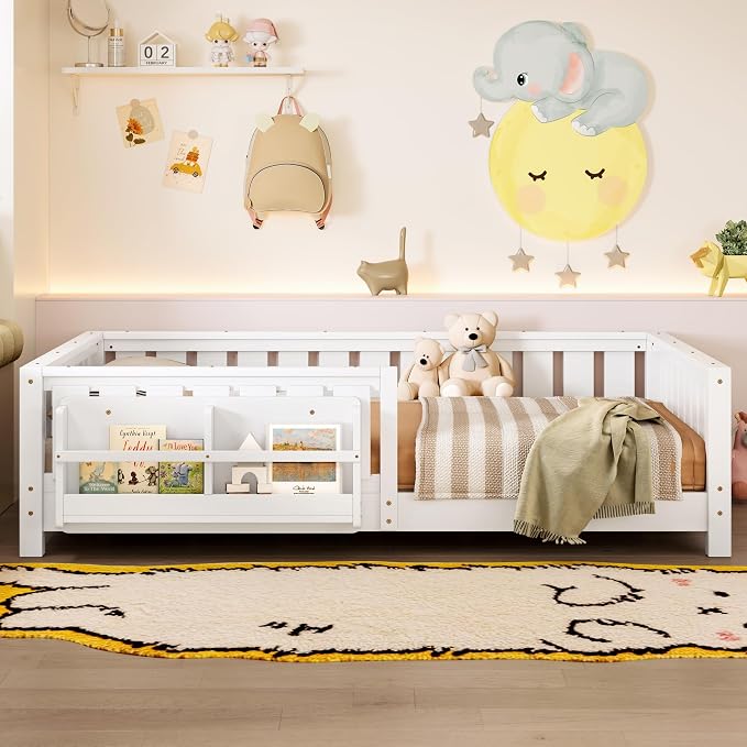 Bellemave White Montessori Floor Bed with Fence and Slats, Full Size Montessori Floor Bed with Bookcase and High Rails, Easy Assemble Bed Frame for Girls, Boys, Full