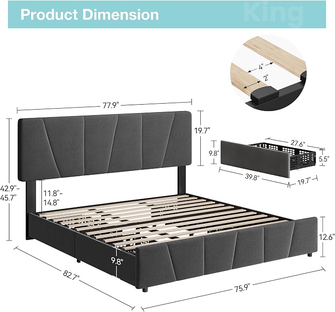 King Size Bed Frame with Upholstered Headboard & 4 Storage Drawers with Wheels, Platform Bed Frame with Wooden Slat Support, Adjustable Headboard, No Box Spring Needed, Noise-Free, for Bedroom