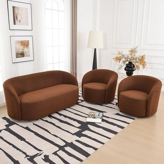 KINWELL 68" Boucle Upholstered Loveseat Sofa with Set of 2 Swivel Barrel Accent Chairs, Minimalist Comfy 2-Seater Couch and 2 Sherpa Armchairs for Small Spaces Apartment, Brown