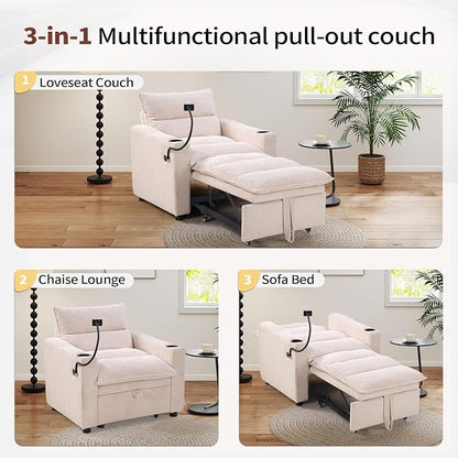 HAOMARKETS Corduroy Sleeper Sofa Bed with Cup Holders, 3-in-1 Convertible Pullout Futon Couch with Phone Holder&USB Charge Port, Single Armchair with 3-Level Adjustable Backrest for Apartment