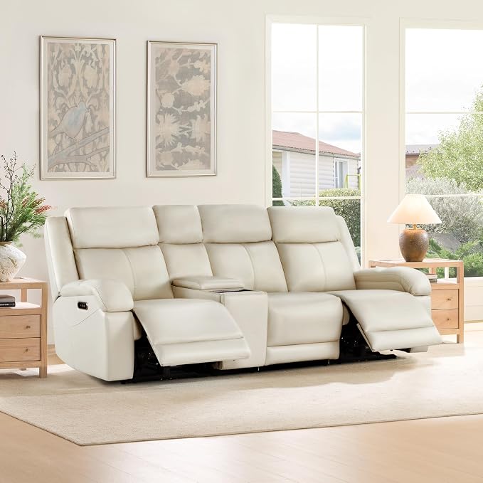 Watson & Whitely Genuine Leather Power Recliner Sofa, 3 Seater Wall Hugger Reclining Sofas with Storage Console, Power Headrest, USB, Electric Recliner Couch Set for Living Room, Cream