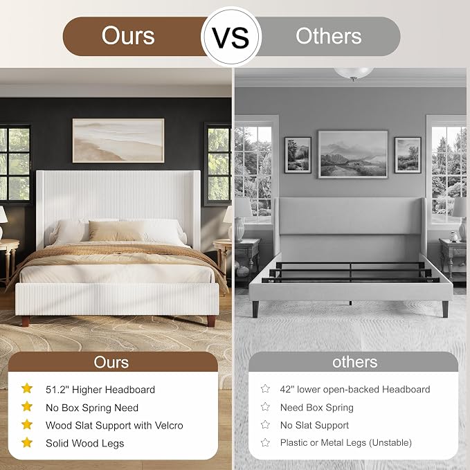 HOWE California King Size Bed Frame with Corduroy Wingback Headboard, White | Modern Upholstered Platform Bed, 50.8 Inch Tall Profile, Solid Wood Slats, No Box Spring Needed, Noise-Reducing Designrt