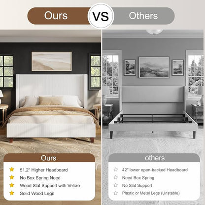 HOWE California King Size Bed Frame with Corduroy Wingback Headboard, White | Modern Upholstered Platform Bed, 50.8 Inch Tall Profile, Solid Wood Slats, No Box Spring Needed, Noise-Reducing Designrt