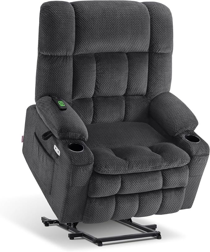 MCombo Oversized Power Lift Recliner Chair for Elderly, Dual Motor Lift Chair with Heat and Massage, Lay Flat Lift Chair for Big and Tall, Cup Holders, Fabric R7891 (Large-Wide, Dark Gray)